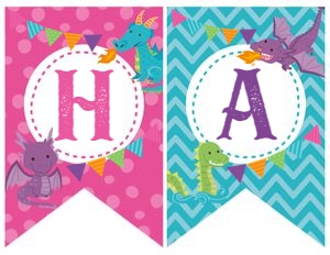 Dragons Birthday Banner (pink&purple) - www.printerfairy.com design preview