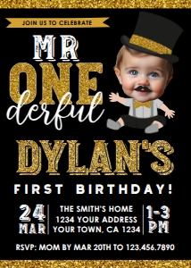 Mr. ONEderful Birthday Invitation (black) - www.printerfairy.com: Mr. ONEderful Birthday Invitation (black) - www.printerfairy.com