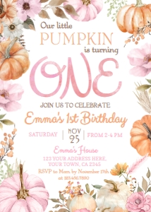 Little Pumpkin Girl 1st Birthday Invitation (pink, orange) - www.printerfairy.com design preview