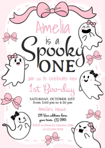 Coquette Ghost 1st Birthday Invitation (pink) - www.printerfairy.com: Coquette Ghost 1st Birthday Invitation (pink) - www.printerfairy.com