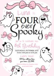 Coquette Ghost 4th Birthday Invitation (pink) - www.printerfairy.com: Coquette Ghost 4th Birthday Invitation (pink) - www.printerfairy.com