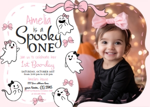 Coquette Ghost 1st Birthday Invitation with photo (pink) - www.printerfairy.com: Coquette Ghost 1st Birthday Invitation with photo (pink) - www.printerfairy.com