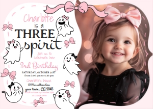 Coquette Ghost 3rd Birthday Invitation with photo (pink) - www.printerfairy.com design preview