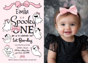 Coquette Ghost 1st Birthday Invitation_2 with photo (pink) - www.printerfairy.com: Coquette Ghost 1st Birthday Invitation_2 with photo (pink) - www.printerfairy.com