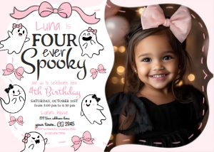 Coquette Ghost 4th Birthday Invitation with photo (pink) - www.printerfairy.com: Coquette Ghost 4th Birthday Invitation with photo (pink) - www.printerfairy.com