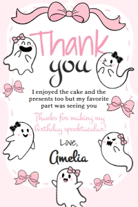 Coquette Ghost Birthday Thank You Card (pink) - www.printerfairy.com design preview