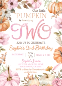 Little Pumpkin Girl 2nd Birthday Invitation (pink, orange) - www.printerfairy.com design preview