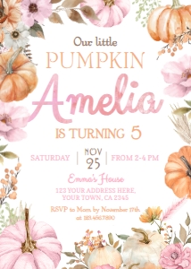 Little Pumpkin Girl Birthday Invitation (pink, orange) - www.printerfairy.com design preview