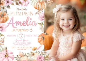 Little Pumpkin Girl Birthday Invitation with photo (pink, orange) - www.printerfairy.com design preview
