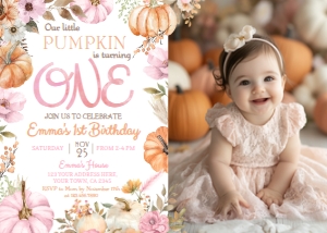Little Pumpkin Girl 1st Birthday Invitation with photo (pink, orange) - www.printerfairy.com design preview