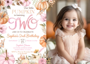 Little Pumpkin Girl Birthday 2nd Invitation with photo (pink, orange) - www.printerfairy.com design preview