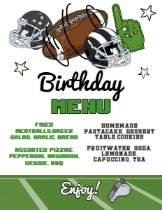 American Football Birthday Menu (green) - www.printerfairy.com design preview