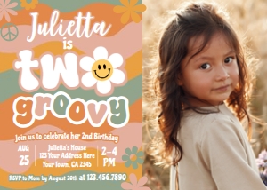 Groovy 2nd Birthday Invitation with photo (PFGO2) - www.printerfairy.com design preview