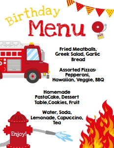 Firetruck Birthday Menu (white) - www.printerfairy.com design preview