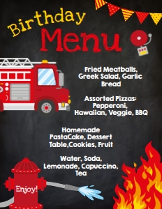 Firetruck Birthday Menu (black) - www.printerfairy.com design preview