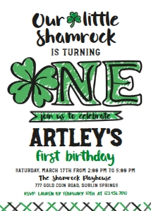 Little Shamrock First Birthday Invitation (doodle) - www.printerfairy.com design preview