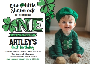 Little Shamrock First Birthday Invitation with photo (doodle) - www.printerfairy.com design preview