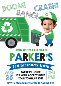 Trash Truck - Birthday Party Invitation PLACE YOUR FACE (white) - www.printerfairy.com design preview