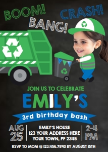Trash Truck - Birthday Party Invitation PLACE YOUR FACE (black) - www.printerfairy.com design preview