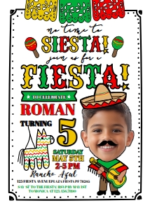 No Time To Siesta Birthday Fiesta Invitation PLACE YOUR FACE for boys (doodle) - www.printerfairy.com design preview