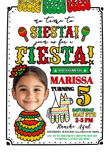 No Time To Siesta Birthday Fiesta Invitation PLACE YOUR FACE for girls (doodle) - www.printerfairy.com design preview