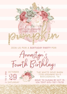 006A - Pink Pumpkin Floral Birthday Girl Invitation: 006A - Pink Pumpkin Floral Birthday Girl Invitation