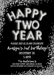 Invite - Happy Two Year Birthday Invitation Silver Glitter 5x7: Invite - Happy Two Year Birthday Invitation Silver Glitter 5x7