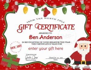 Letter - Gift Certificate Christmas Santa Green Glitter 8.5x11: Gift Certificate - Christmas Santa Gift Templates