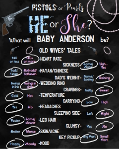 Gender Reveal Board Old Wives Tales Pistols or Pearls Chalkboard - 16x20: Gender Reveal Board - Old Wives Pistols or Pearls
