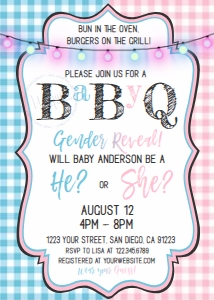 Invite - BabyQ gender reveal pink blue gingham White 5x7: Kit - BabyQ Blue Pink Gingham Burlap