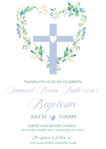 Invite - Baptism Boy Flower Heart Blue 5x7: Religious - Heart Flowers Baptism BOY