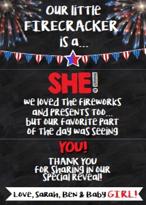 Thank You - Firecracker Gender Reveal SHE GIRL 5x7: Gender Reveal - July Firecracker Chalkboard KIT