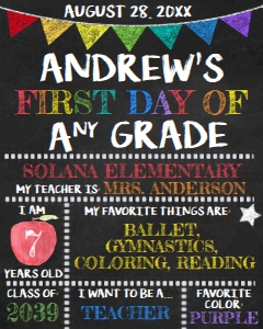 School Sign - Back to School Poster Chalkboard Flag Chalk First 8x10: School Sign - Chalkboard Rainbow Flag with Info