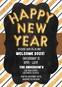 Invite - Happy New Year Invitation Glitter Stripes 5x7: Invite - Happy New Year Gold Stripe Balloon