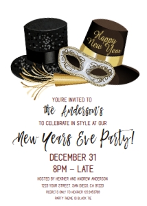 Invite - Happy New Year Clean White Party Hats 5x7: Invite - New Years Eve - Party Hats White