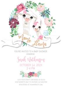 Invitation - Llama Elegant Floral Baby Shower Girl 5x7: Baby Shower - Mama Llama Watercolor Wreathe