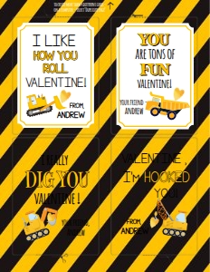 Valentines Cards- Construction VALENTINES 4.75"x3.5"- 4 per 8.5x11 page: Valentines Cards - Construction Trucks