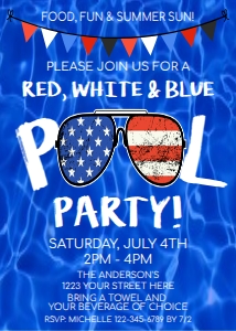 Invite - July 4th Red White Blue Sunglasses Pool Party Blue Water 5x7 design preview
