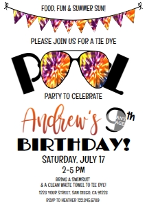 Pool Party - Tie Dye Birthday - Orange Purple 5x7: Tie Dye Birthday - Sunglasses Boy