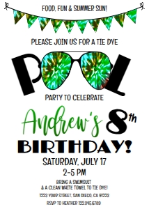 Pool Party - Tie Dye Birthday - Green Blue 5x7: Tie Dye Birthday - Sunglasses Boy