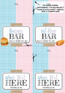 Food Tent Labels - BabyQ Gingham 4 per page 3.5x2.5in - Blue / Pink: Kit - BabyQ Blue Pink Gingham Burlap