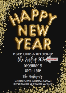 Invite - Gold Happy New Year Birthday Invitation Glitter 5x7 - BLACK: Invite - Happy New Year Glitter Balloons Gold