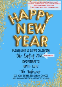 Invite - Gold Happy New Year Invitation Glitter 5x7 - ANY COLOR: Invite - Happy New Year Glitter Balloons Gold