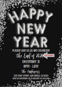 Invite - Silver Happy New Year Birthday Invitation Glitter 5x7 - BLACK: Invite - Happy New Year Glitter Balloons Gold