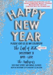 Invite - Silver Happy New Year Invitation Glitter 5x7 - ANY COLOR: Invite - Happy New Year Glitter Balloons Gold