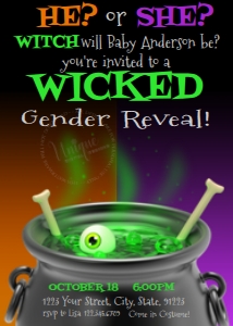 Invite - Halloween Wicked Witch Gender Reveal Cauldron 5x7 - Orange/Purple: Wicked - Gender Reveal Cauldron