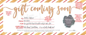 Ticket - Gift Certificate Christmas Gold Red - Gift Coming Soon 8.5x3.5: Gift Certificate - Christmas Delayed Shipment Gold Glitter
