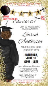 Invite - Phone Size Digital Announcement - Graduation Glitter Custom Hairstyle - BLACK Gown: Graduation Announcement - Customized Hair and Gown