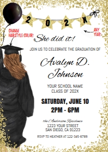 Invite Graduation Announcement - Graduation Glitter Custom Hairstyle 5x7 - BLACK Gown: Graduation Announcement - Customized Hair and Gown