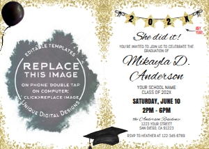 Invite with PHOTO - Graduation Announcement Glitter 7x5 - BLACK Gown: Graduation Announcement - Customized Hair and Gown